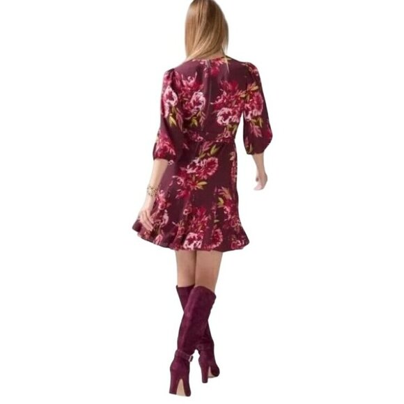 WHBM Elbow-Sleeve Godet Dress Women’s Size 2 Floral Chiffon Sash Tie $180 - Picture 2 of 11